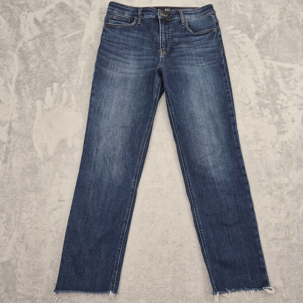 Kut from the Kloth Rachael Fab Ab Mom Jean High Rise Dark Wash Raw Hem 8 Long